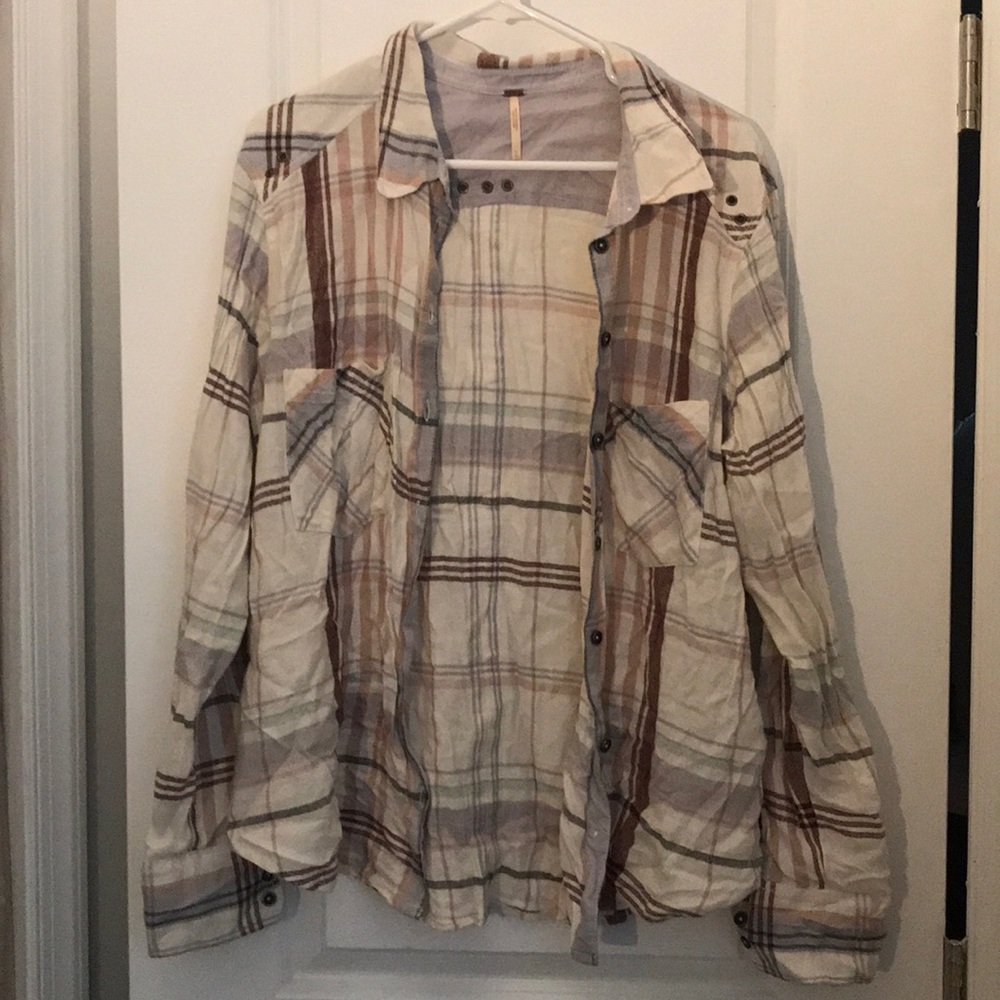 Free People Button-Down Plaid Shirt - Cream & Brown